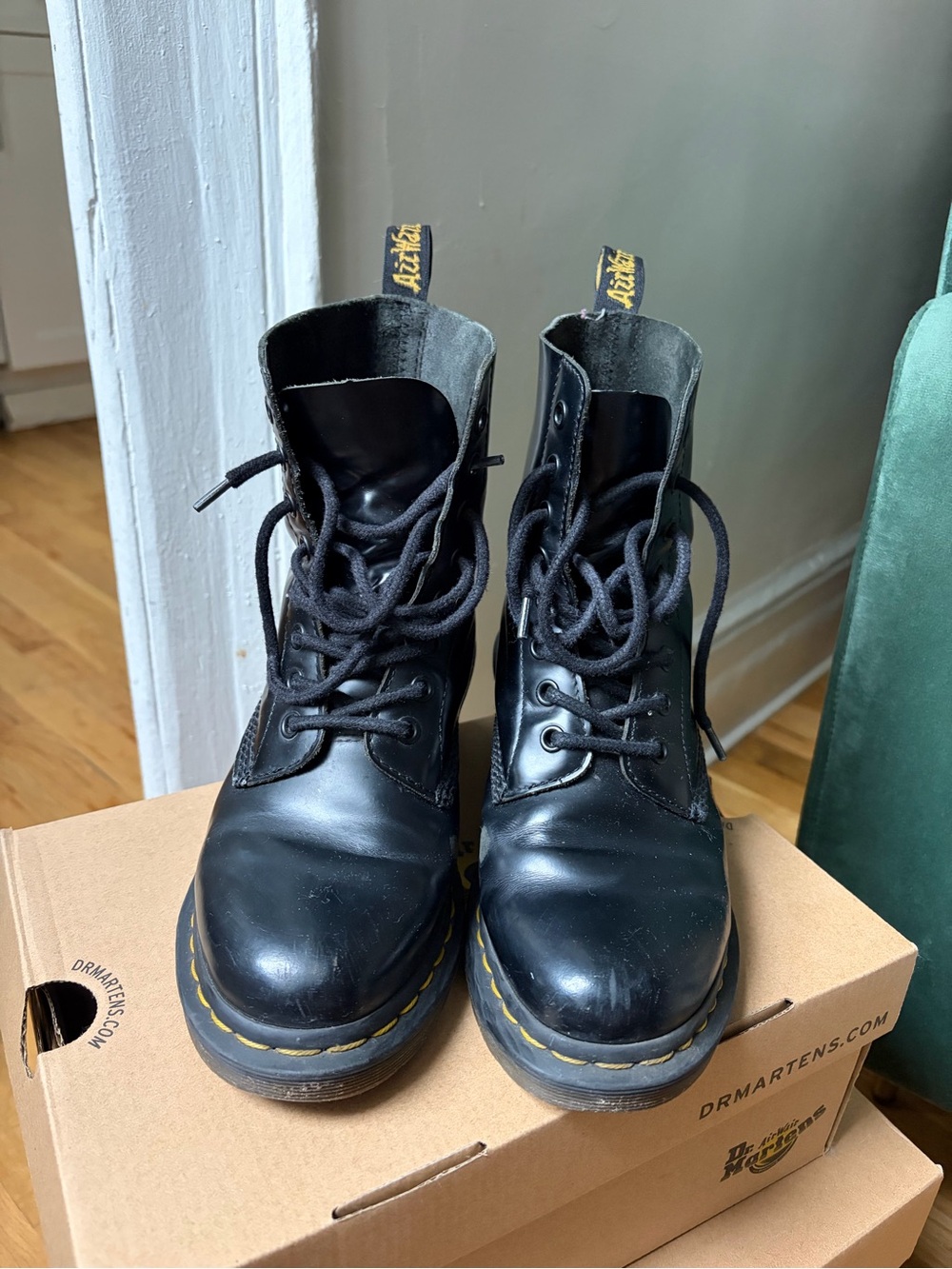 Dr. Martens Black Leather Lace-Up Platform Boots with Yellow Stitching - Picture 4 of 7